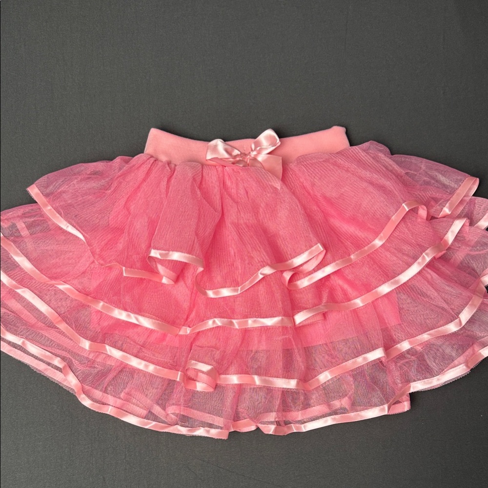 Pink Tulle Layered Skirt with Ribbon Trim